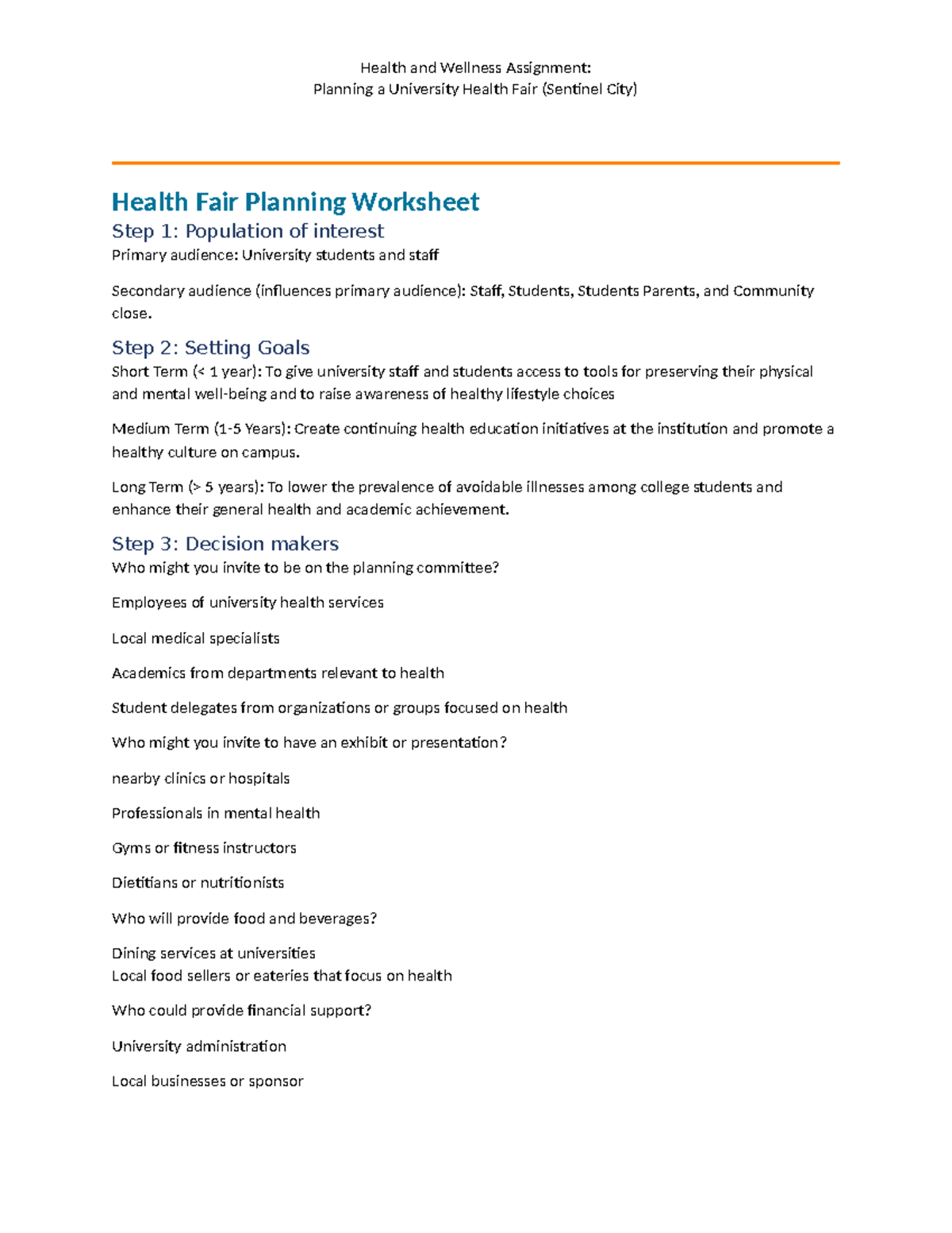 Planning a University Health Fair: Health and Wellness Assignment ...