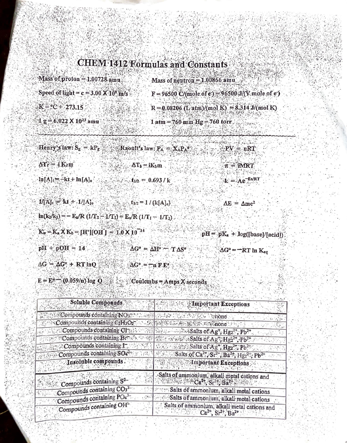 CHEM 1412 - Formulas and Constants Study Guide (Practice Material ...