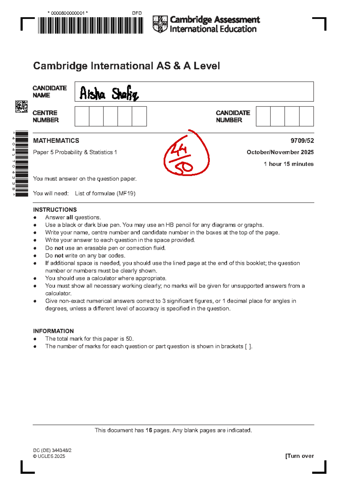 Mathematics 9709/52 Paper 5 Probability & Statistics 1 - 2025 Exam ...