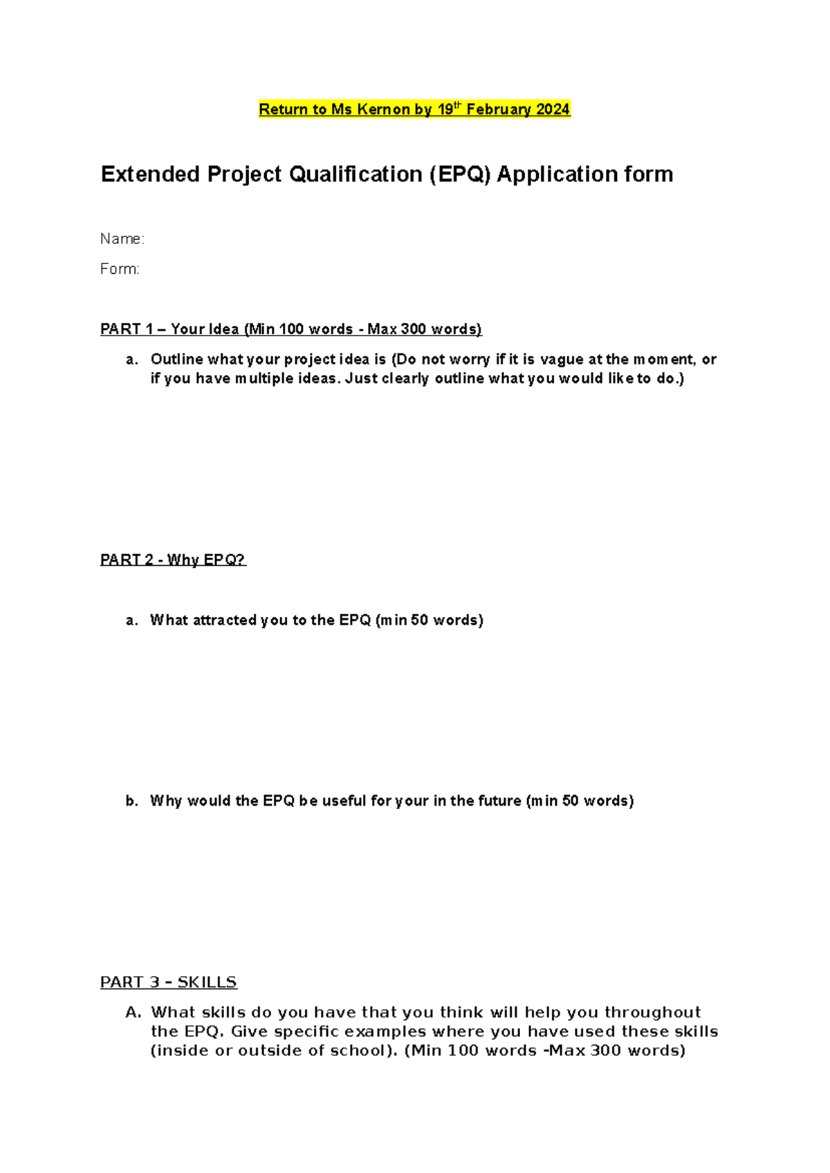 EPQ Application Form 2024: Project Proposal Details and Skills ...