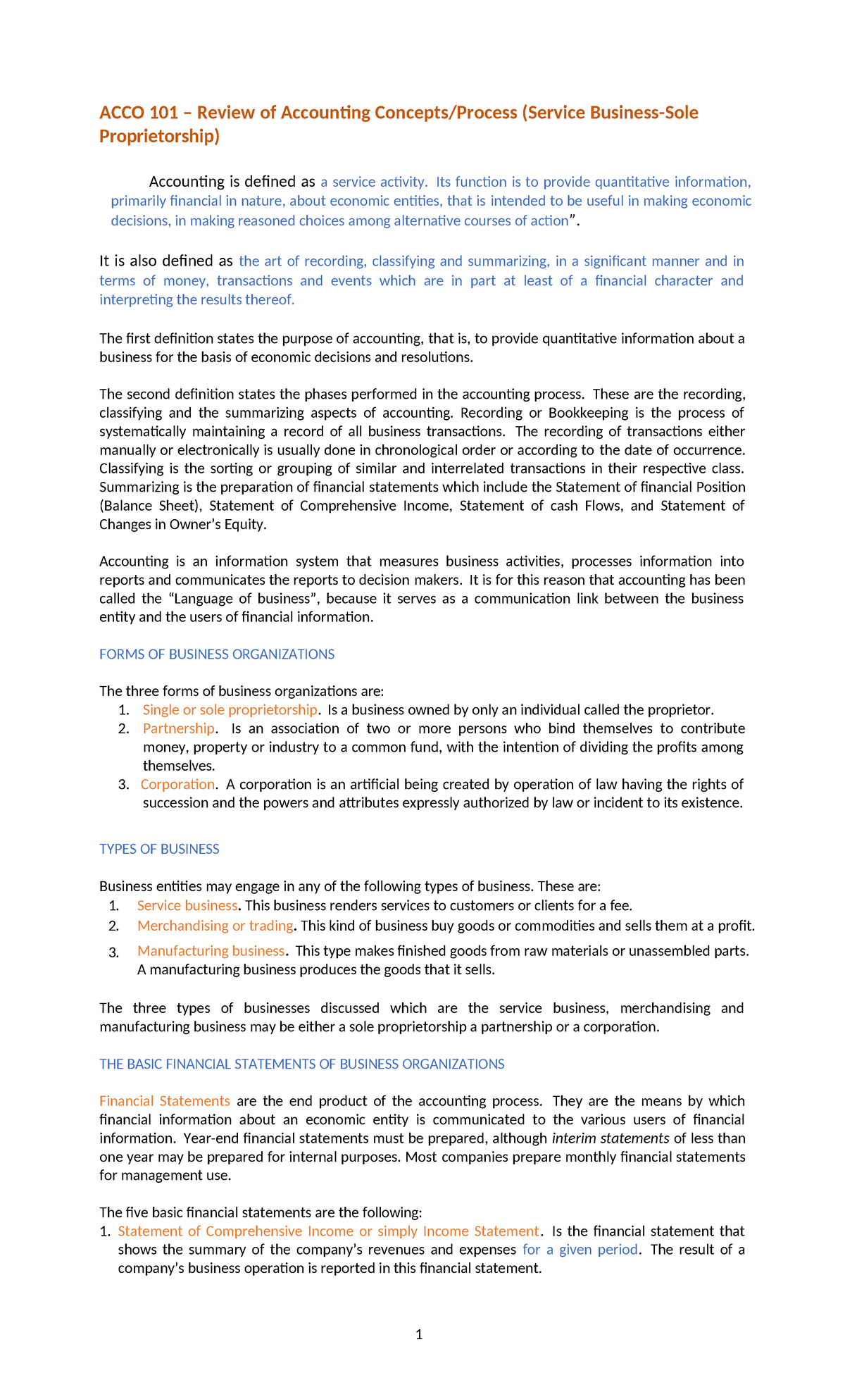 ACCO 101 Final Exam Review: Accounting Concepts & Processes - Studocu