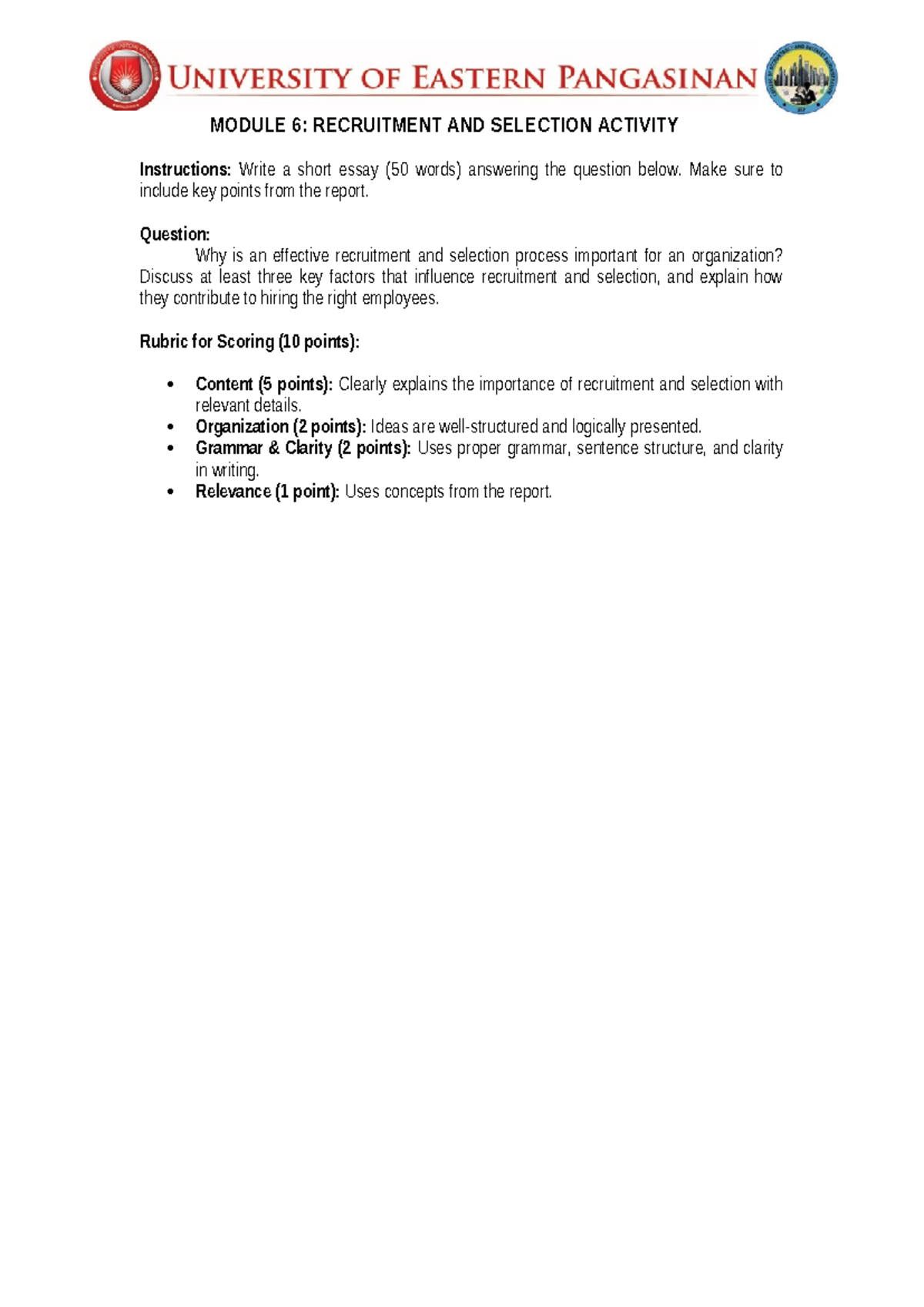 Module 6 Activity One Module 6 Recruitment And Selection Activity