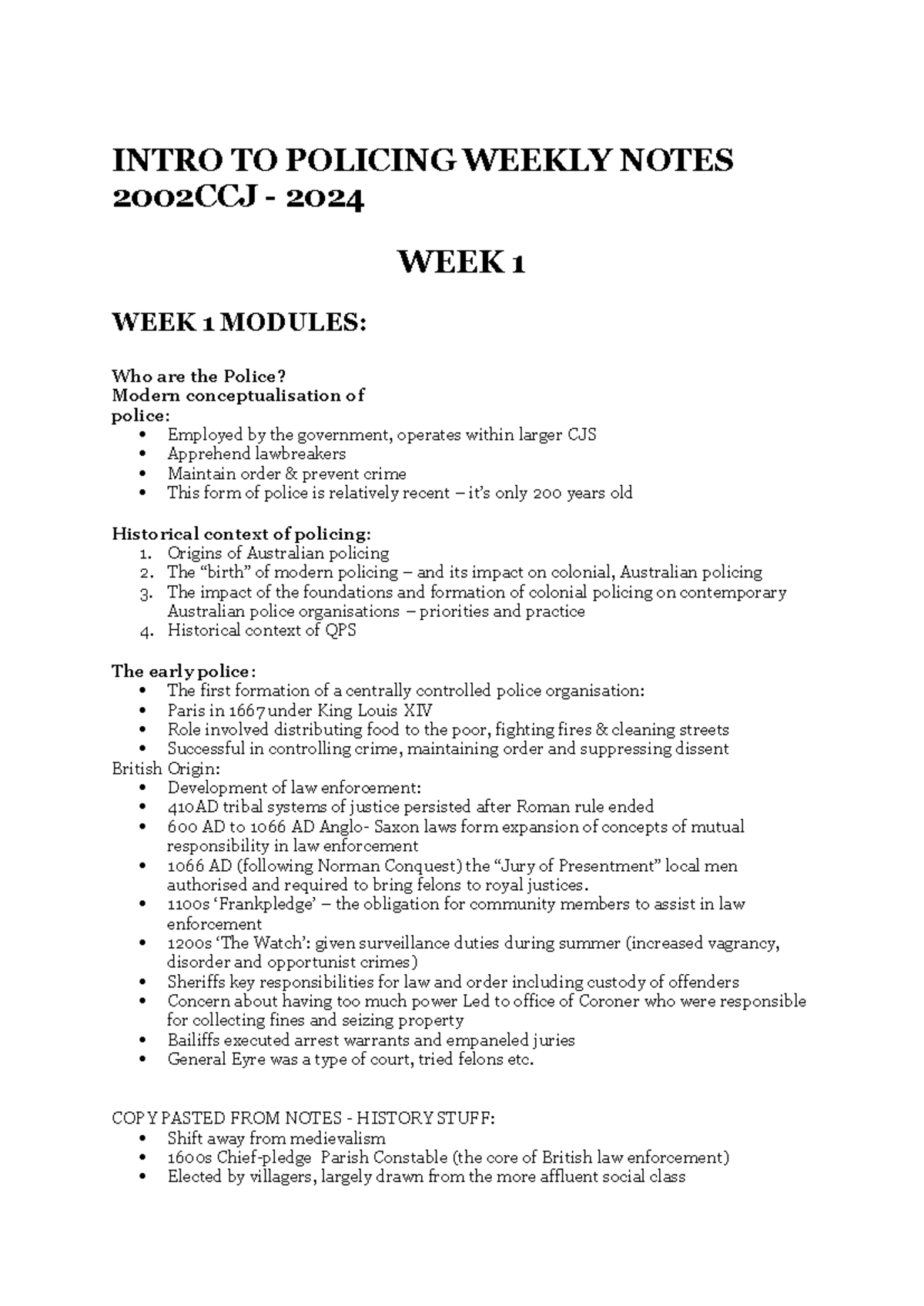 Intro to Policing Weekly Notes 2002CCJ: Week 1 Overview and Historical ...