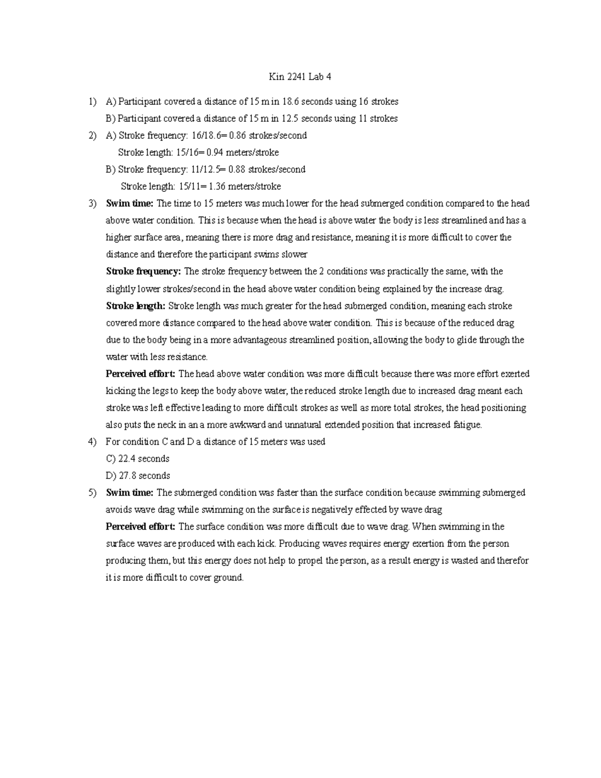 Kin 2241 Lab 4: Swim Performance Analysis Under Different Conditions ...