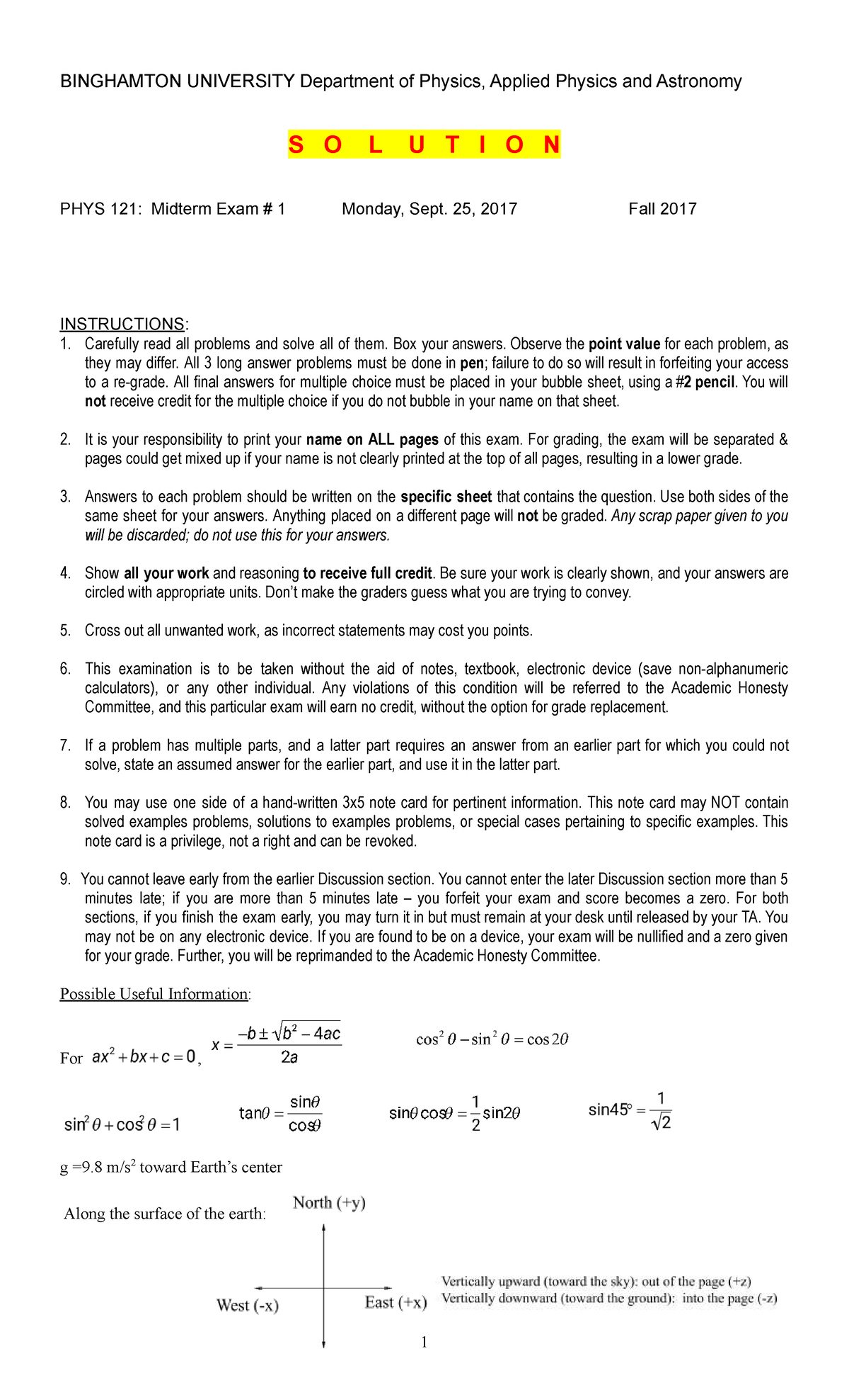 PHYS 121: Midterm Exam 1 Solutions - Fall 2017 - Studocu