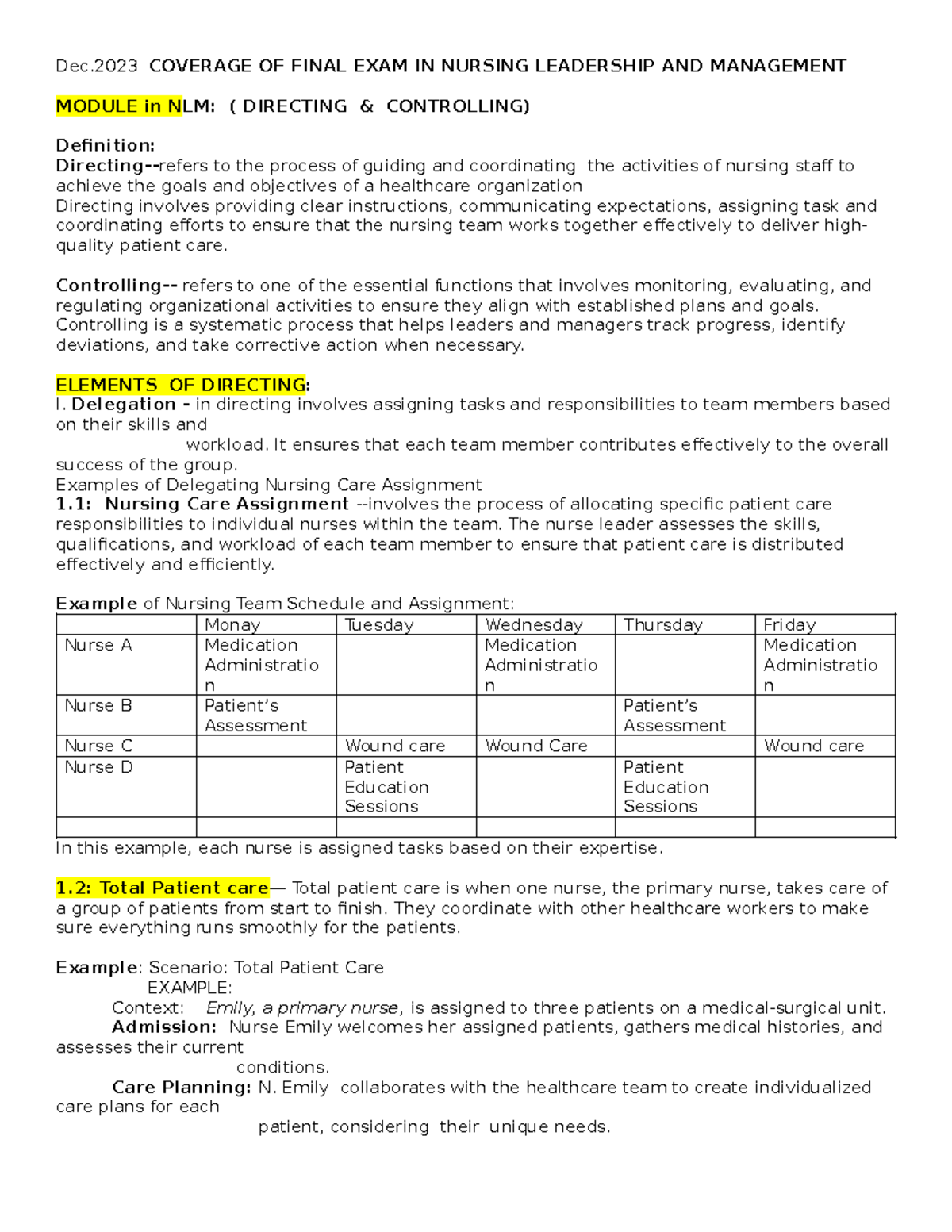 Module-NLM-Final Exam Coverage: Directing in Nursing Leadership - Studocu