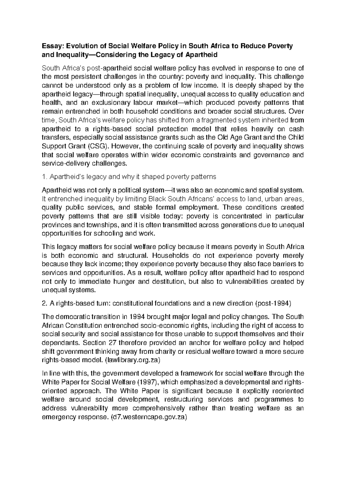 Essay: Evolution of Social Welfare Policy in South Africa (SOC 101 ...