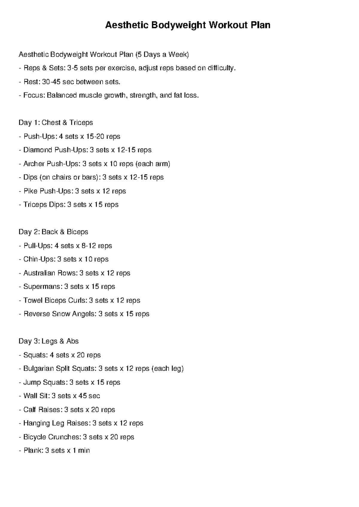 Aesthetic Bodyweight Workout Plan (5 Days) - Strength & Fat Loss Guide ...