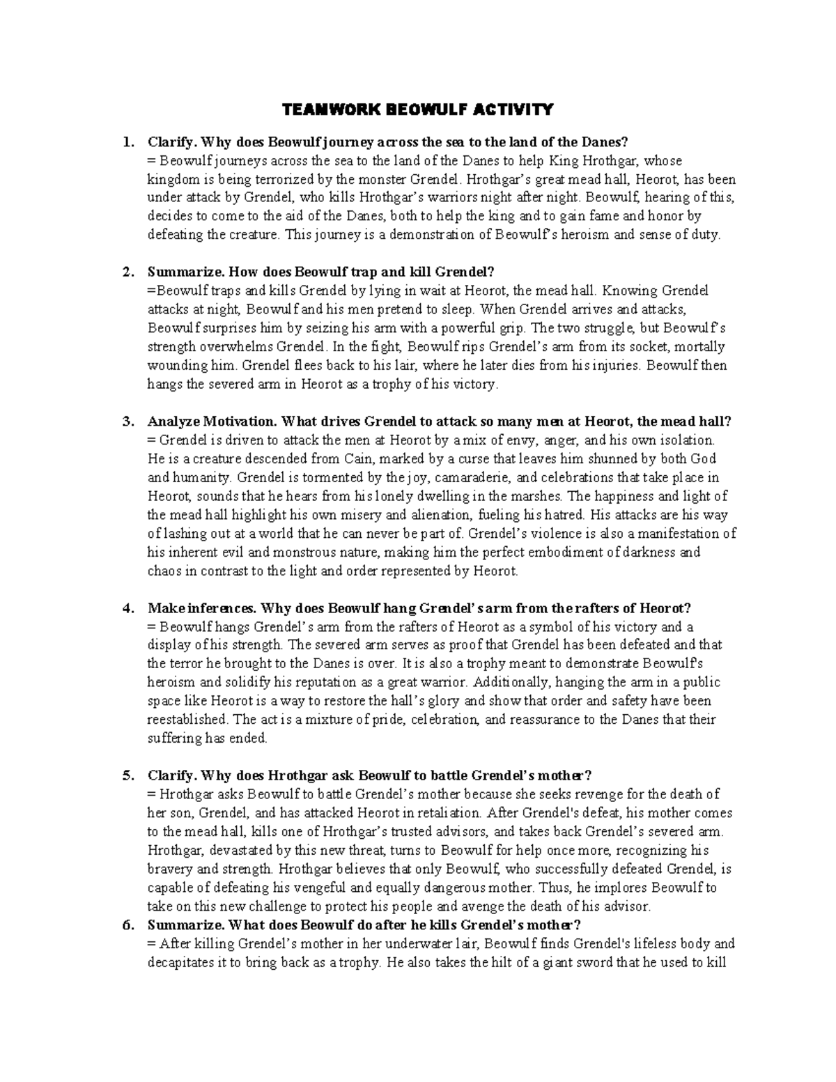 Beowulf TEAM Activity - TEAMWORK BEOWULF ACTIVITY Clarify. Why does ...