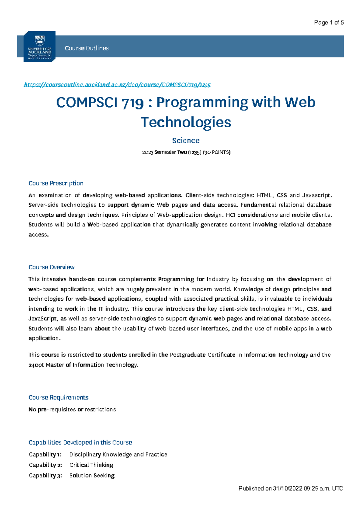 COMPSCI 719: Programming with Web Technologies - Course Outline 2023 ...