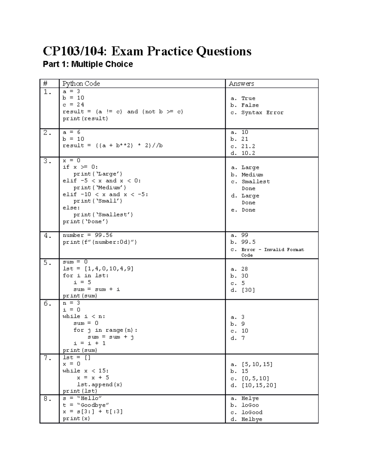 CP103/104: Practice Questions for Final Exam Preparation - Studocu