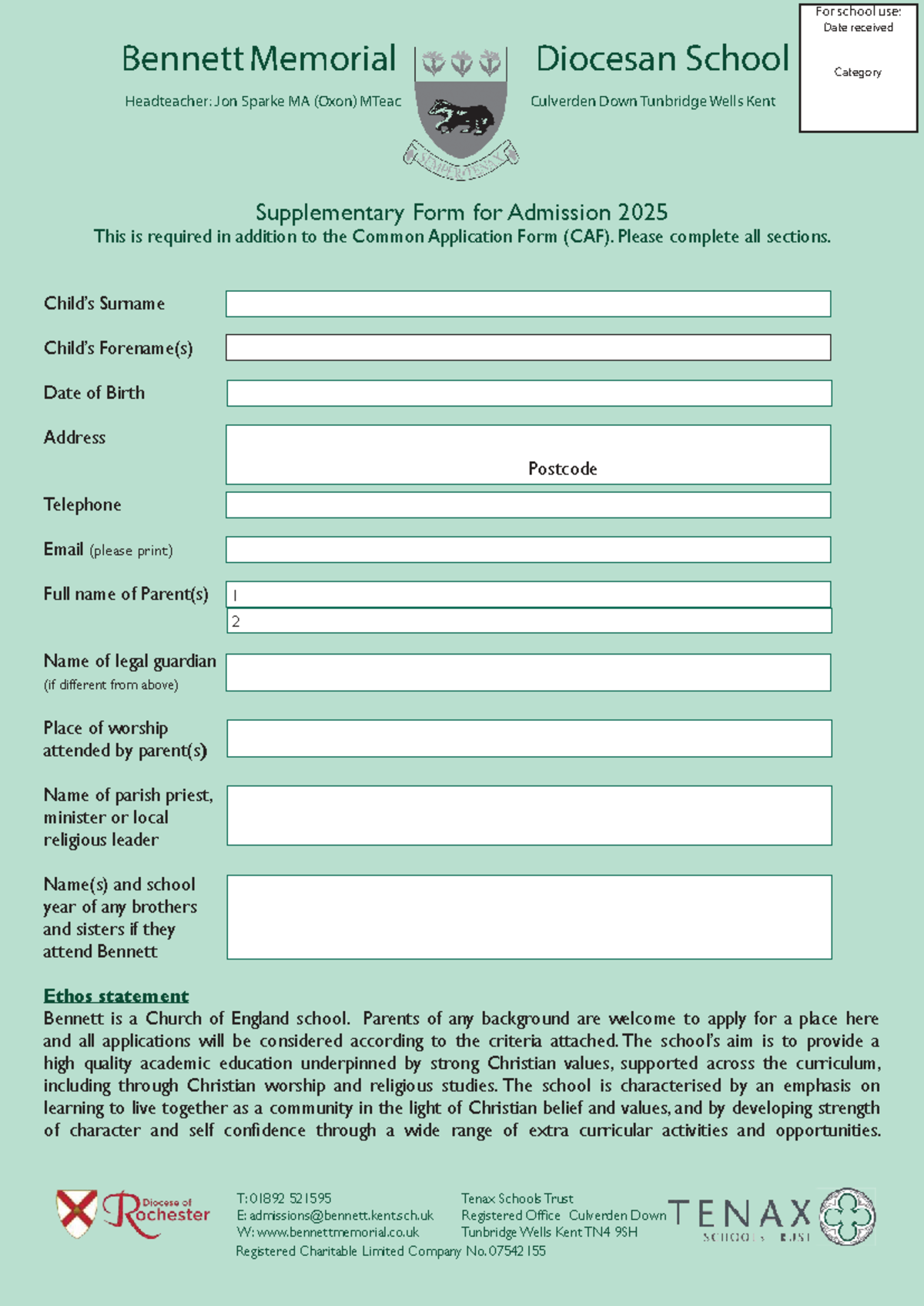 Bennett Memorial Diocesan School Admission Supplementary Form 2025 ...