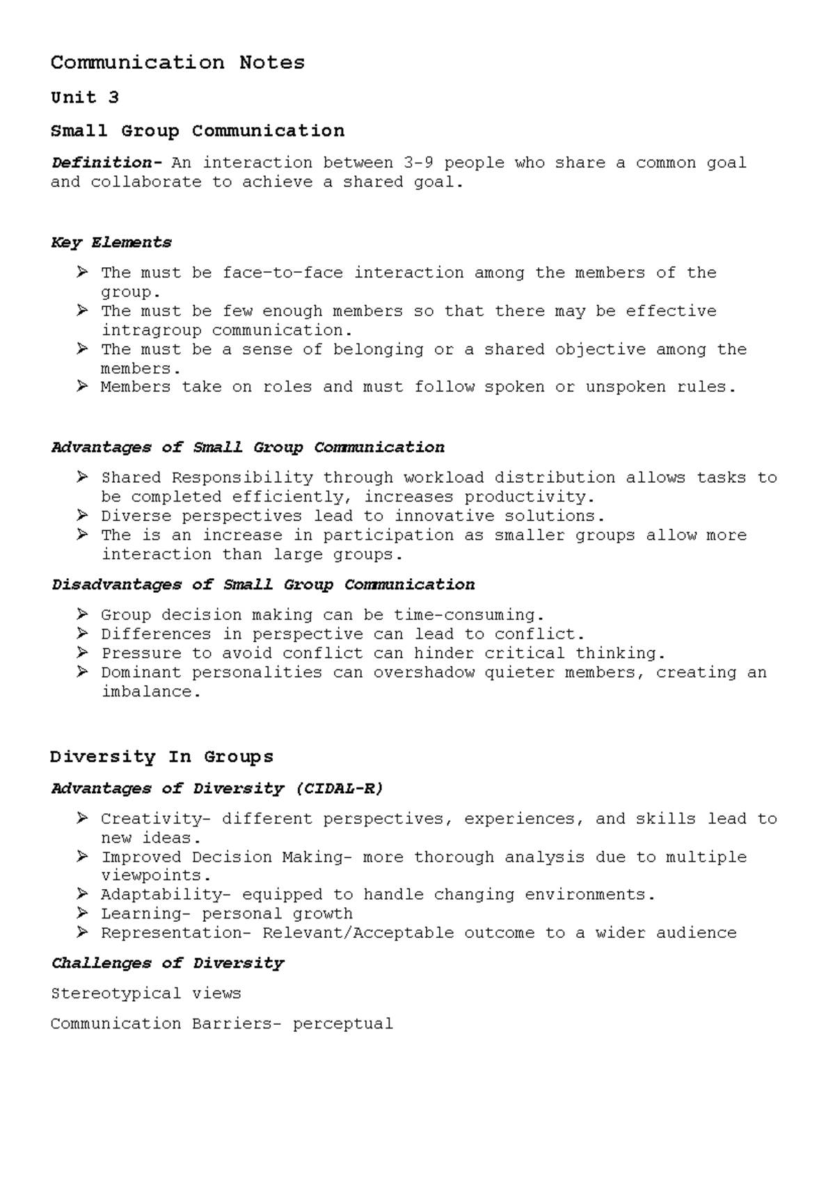 Communication Notes: Unit 3 - Small Group Communication Insights - Studocu