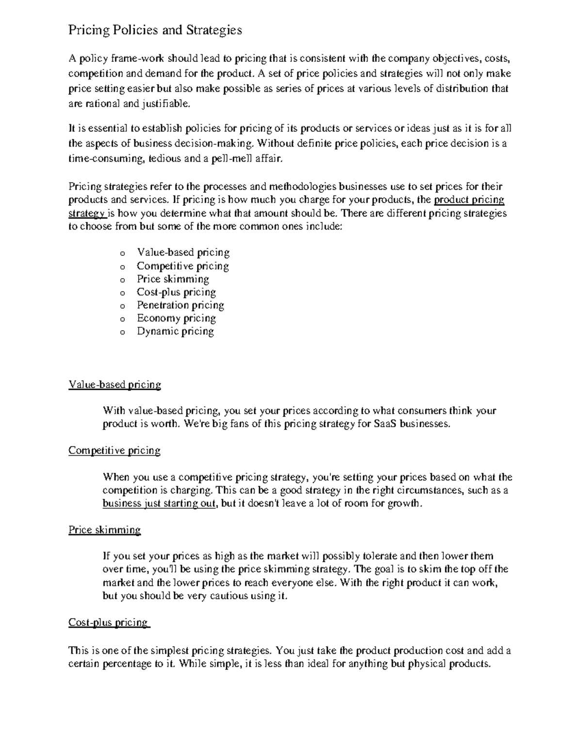 Pricing policies and strategies - A set of price policies and ...