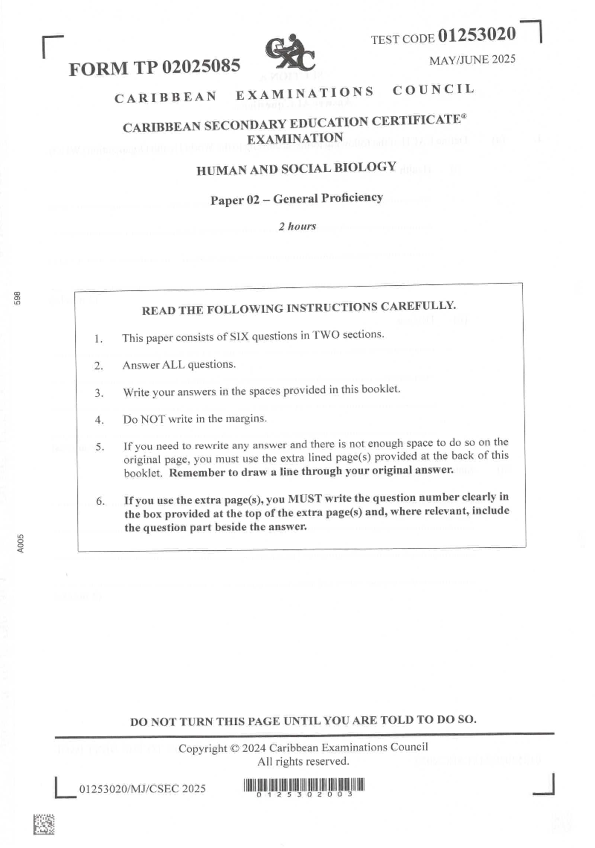 HSB 2025 - CSEC Human and Social Biology Paper 02 Exam Guide - Studocu