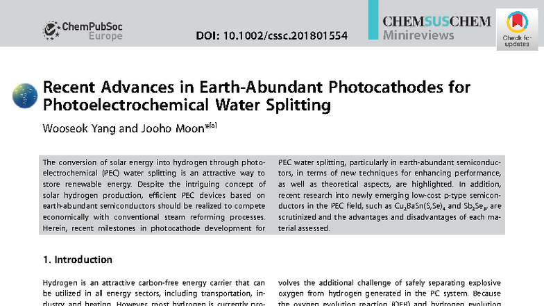 Recent Advances in Photocathodes for PEC Water Splitting (MSE 2018