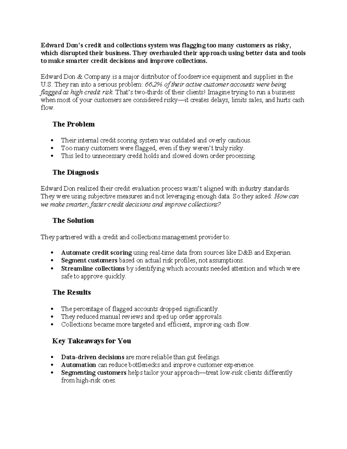 C&C Report: Optimizing Credit & Collections at Edward Don Co. - Studocu