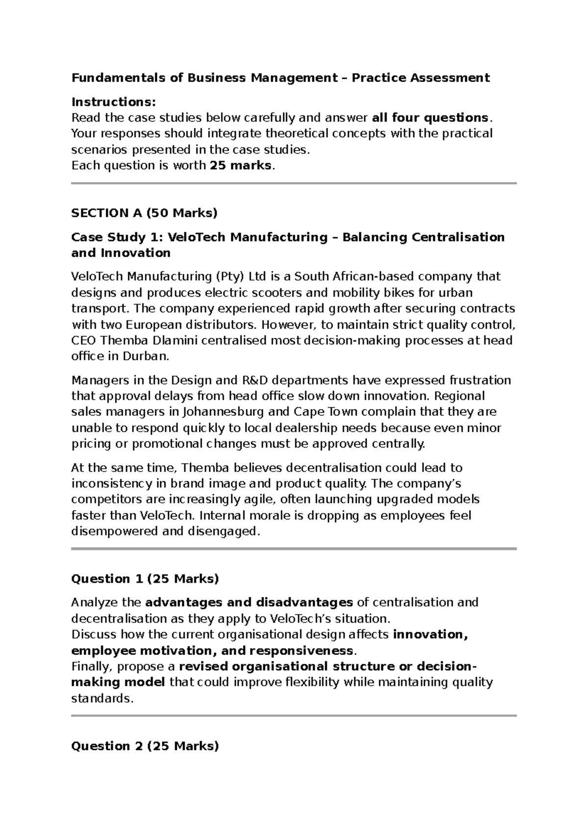 Fundamentals of Business Management Practice Test: Case Studies ...