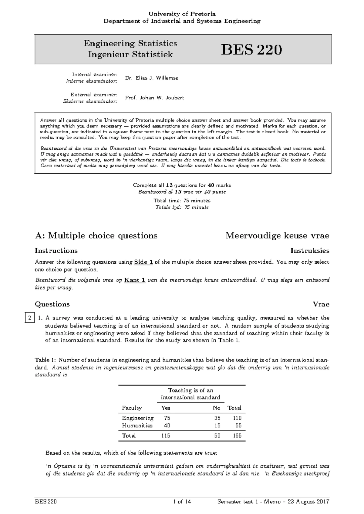 BES 220 Supp Exam 2013 - Engineering Statistics Past Paper - Studocu