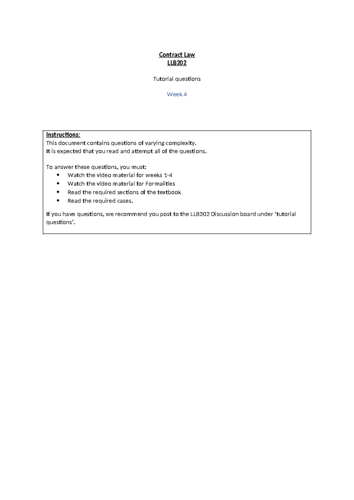 LLB202 Contract Law Week 4 Tutorial Questions and Case Analysis - Studocu