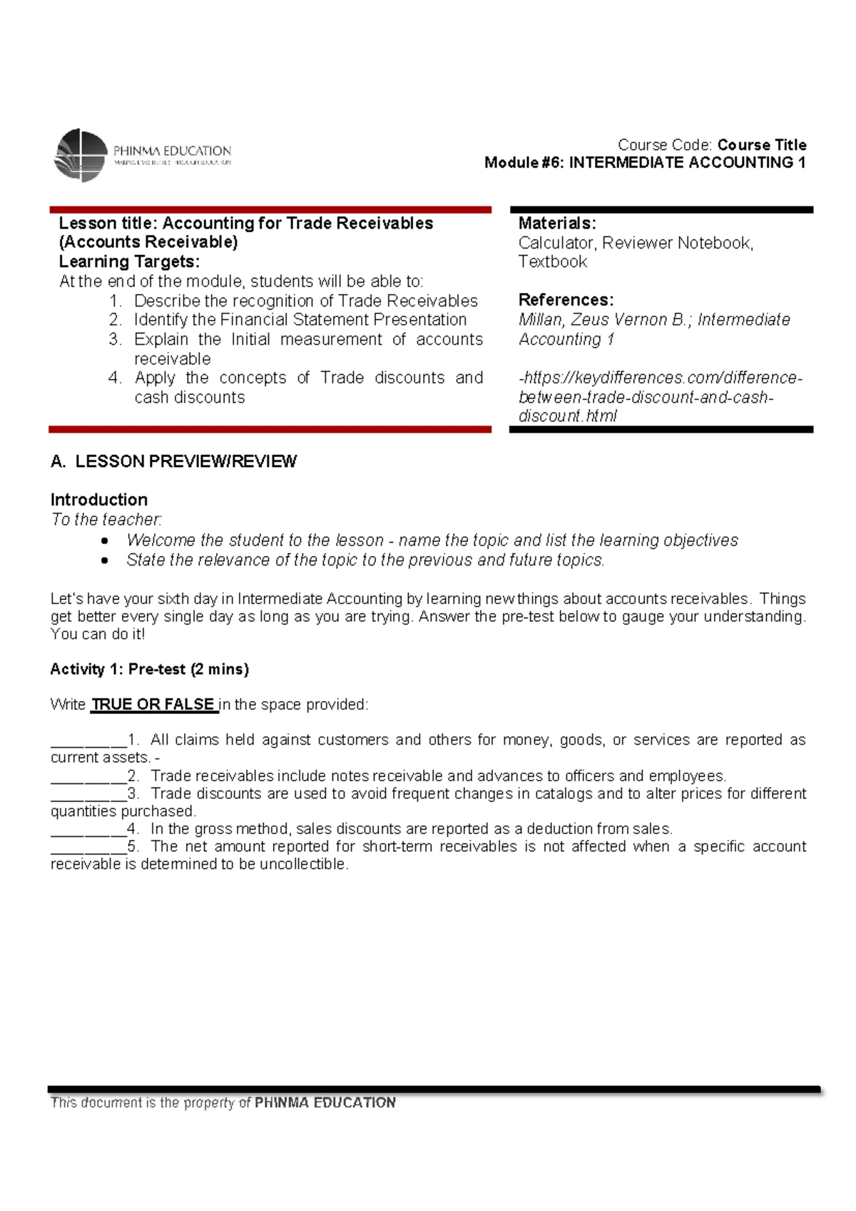 AR 2 - Lesson Guide for Accounting on Trade Receivables - Studocu