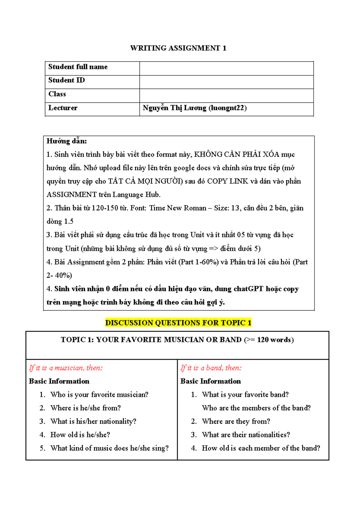 Topic 1 - WRITING ASSIGNMENT 1 Student full name Student ID Class ...