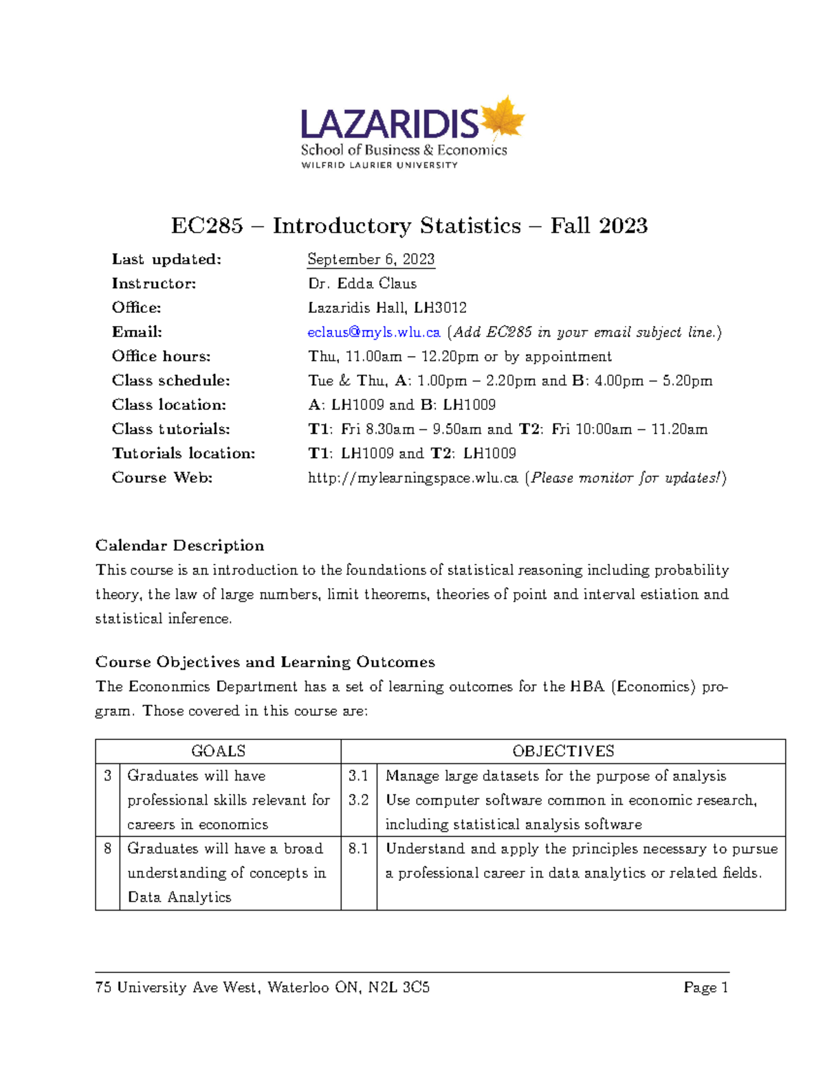 EC285AB Introductory Statistics Course Outline - Fall 2023 - Studocu