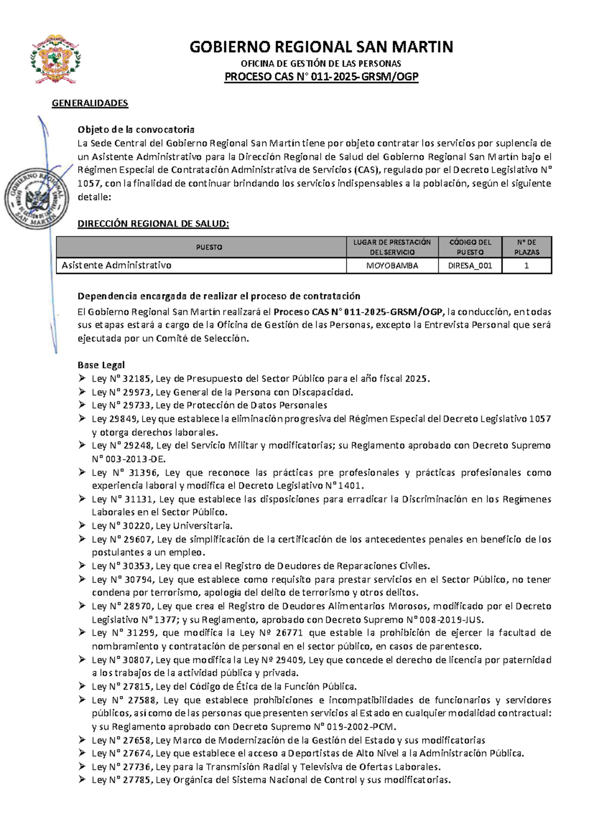 Bases del Proceso CAS N° 011-2025 para Asistente Administrativo en ...