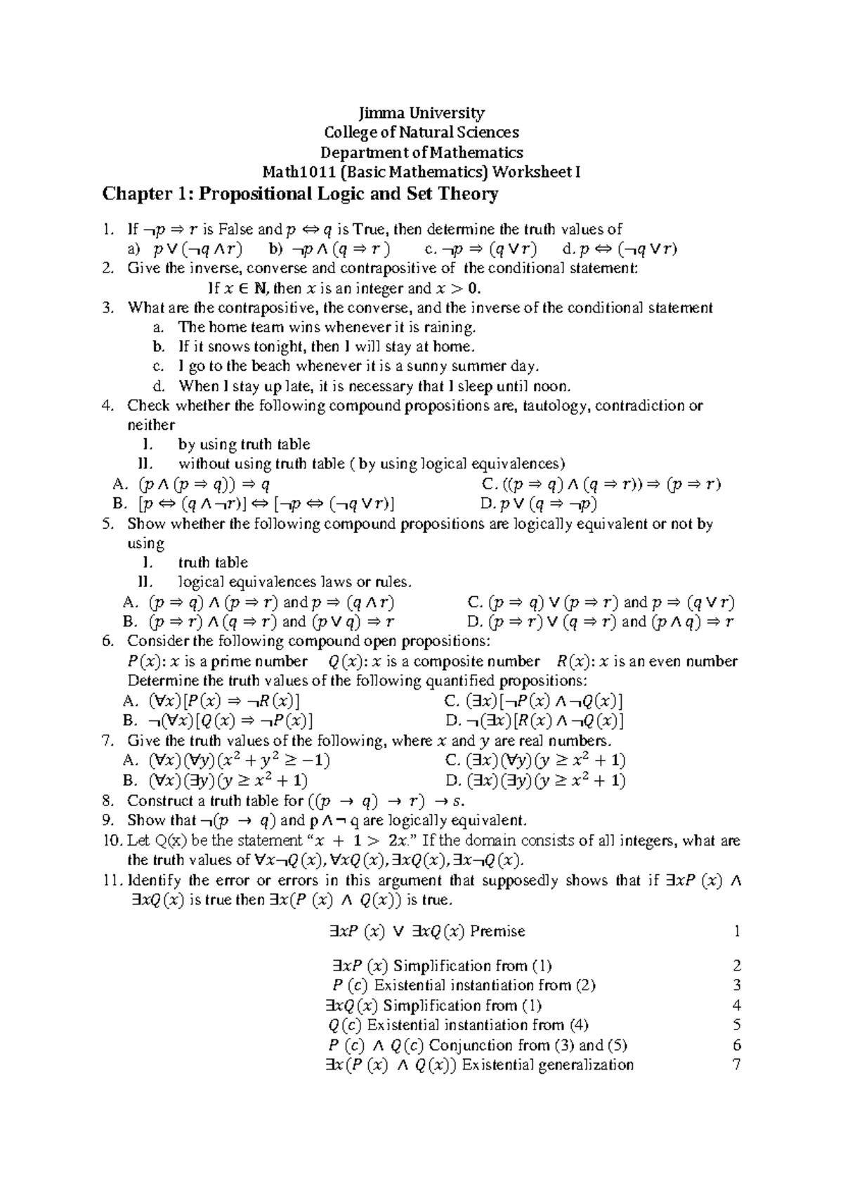Freshman Mathematics Work sheet 2015 entry - Jimma University College ...