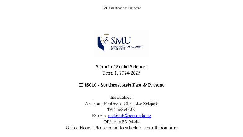 IDIS010 Southeast Asia: Past and Present Syllabus T1 AY2024-2025 - Studocu