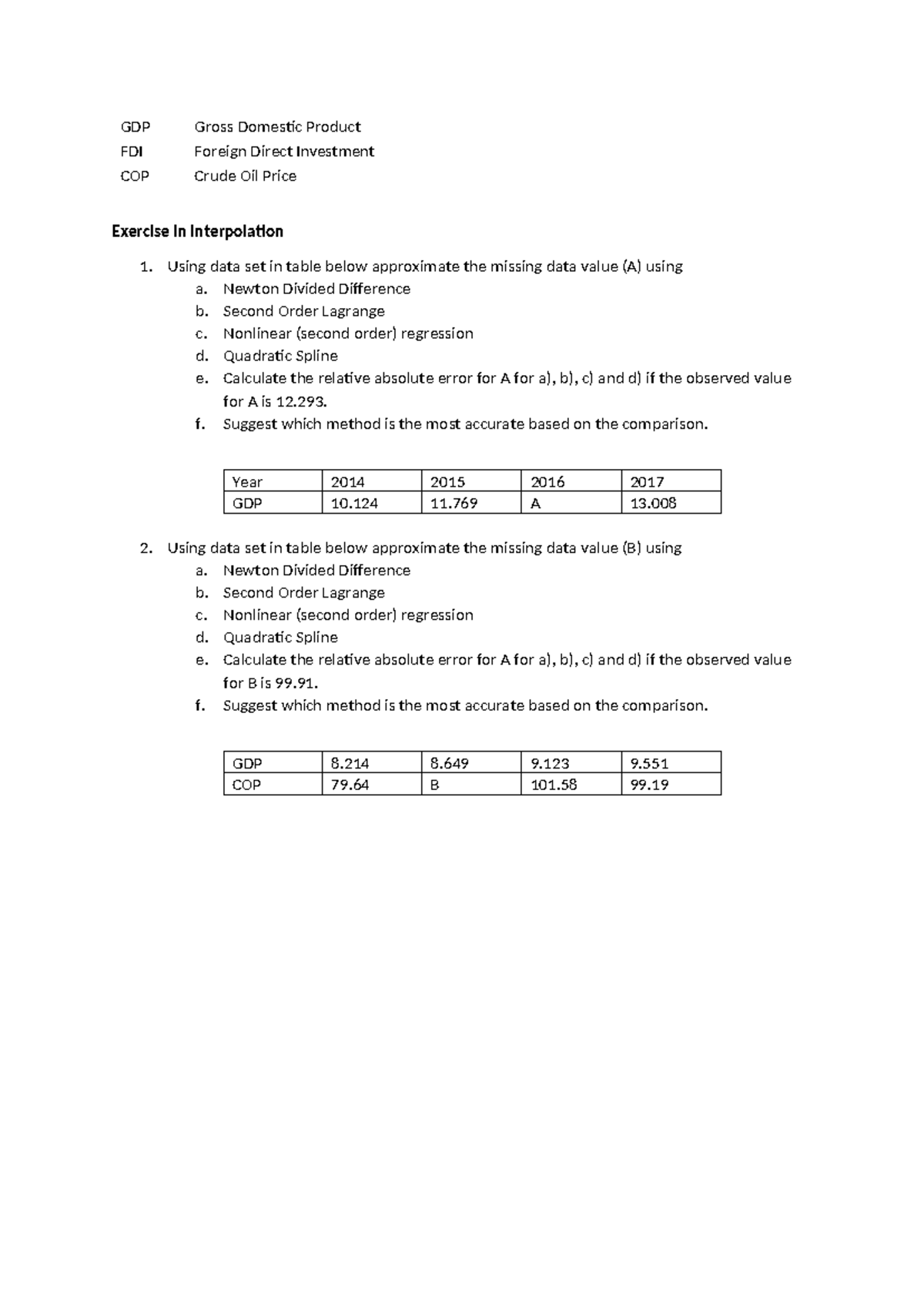 GDP FDI COP Interpolation Exercise: Methods & Accuracy Analysis - Studocu