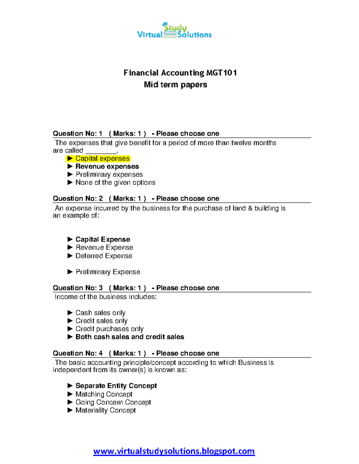 MGT 101 Midterm Financial Accounting Past Papers Overview - Studocu