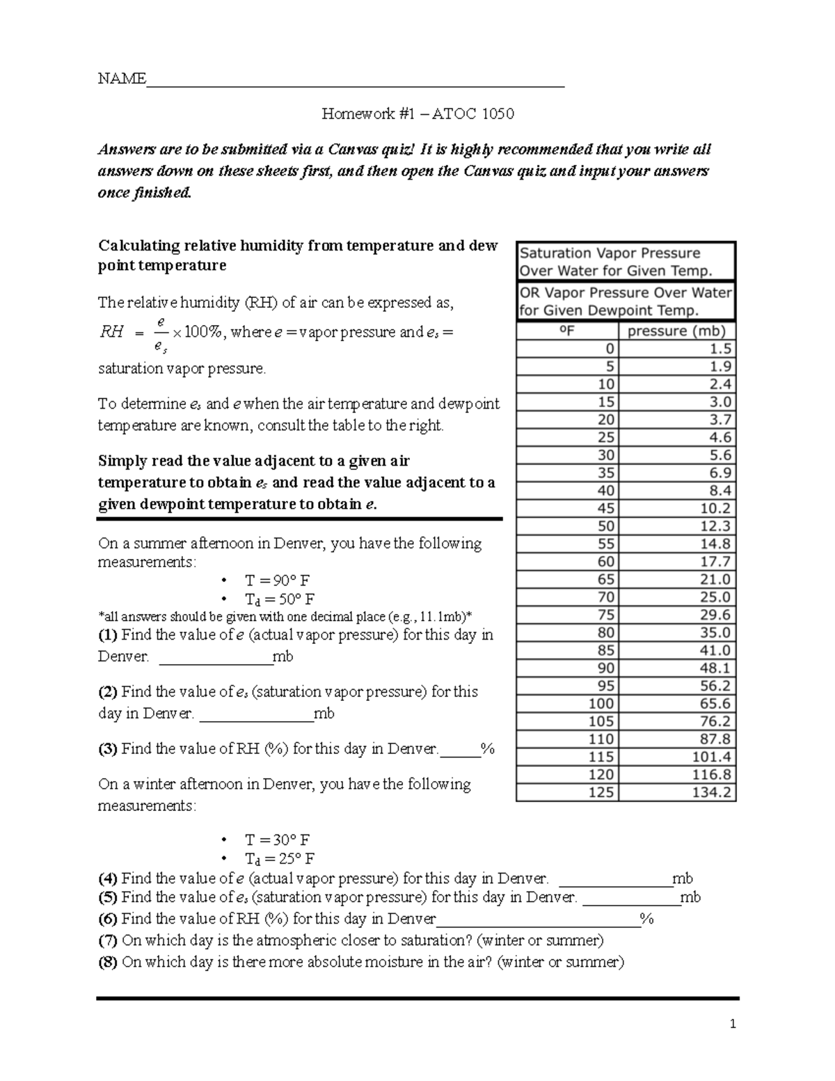 HW1 ATOC1050 - Assignment Answer Key on Relative Humidity Calculations ...