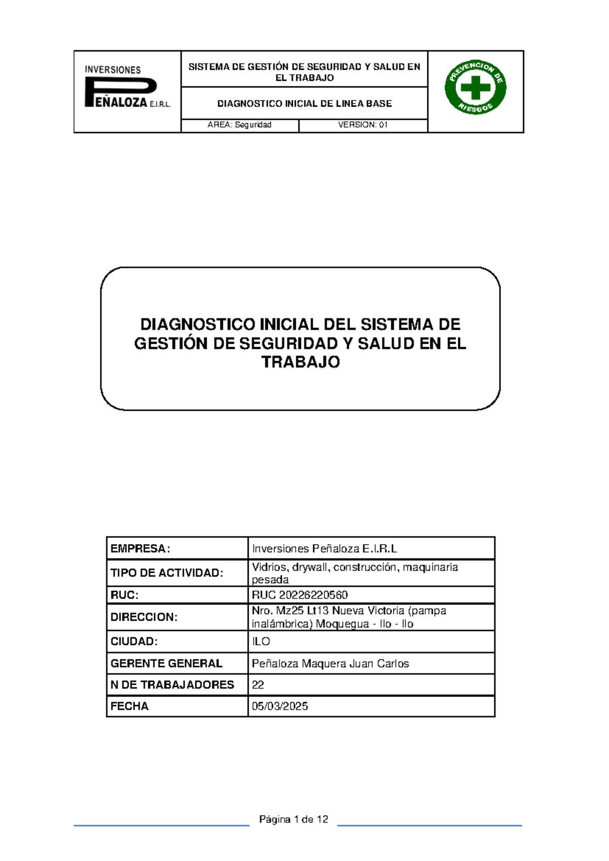 Informe de Diagnóstico Inicial Línea Base - Seguridad SST 2023 - Document Preview