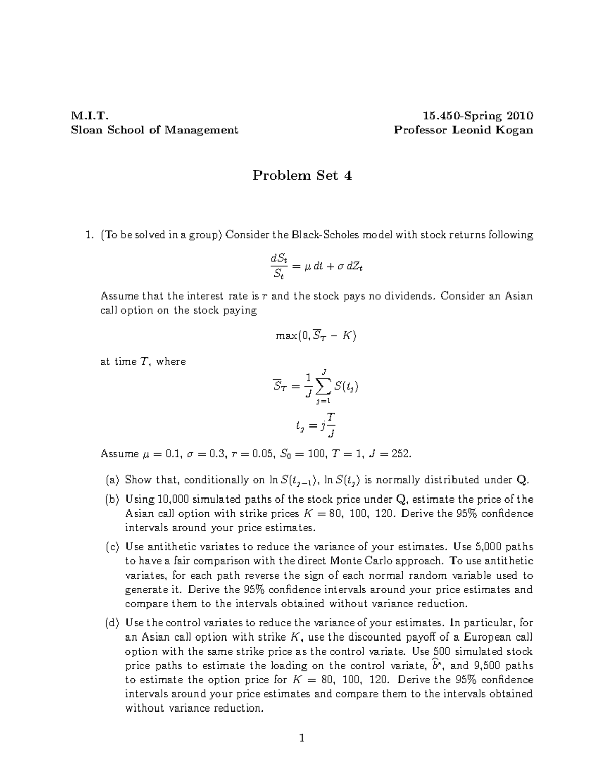 M.I.T. 15.450 Problem Set on Monte Carlo Simulations in Finance - Studocu