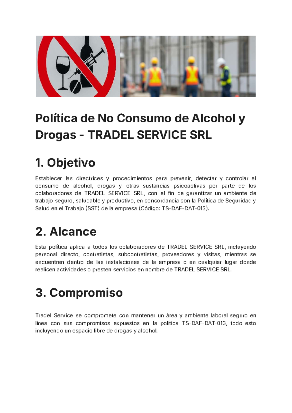 Política de No Consumo de Alcohol y Drogas TRADEL SERVICE SRL - Studocu