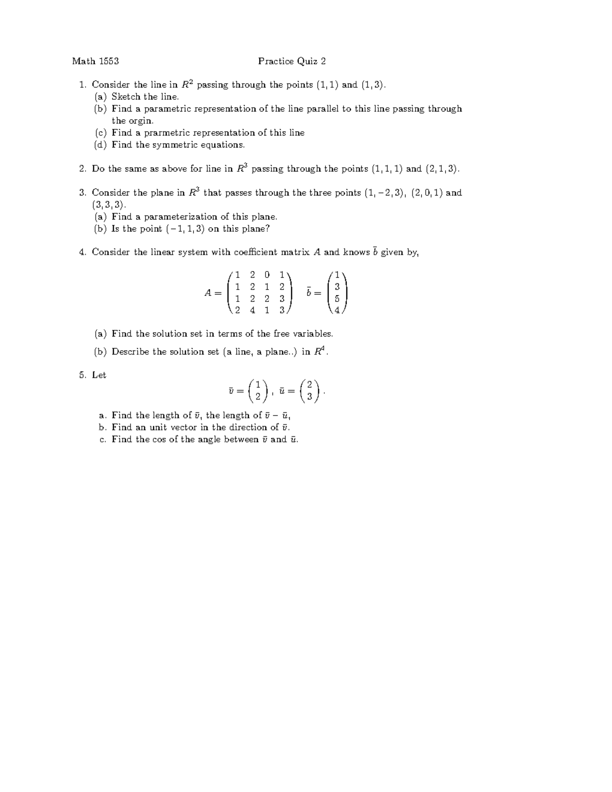 Math 1553 Practice Quiz 2: Lines, Planes, and Linear Systems - Studocu