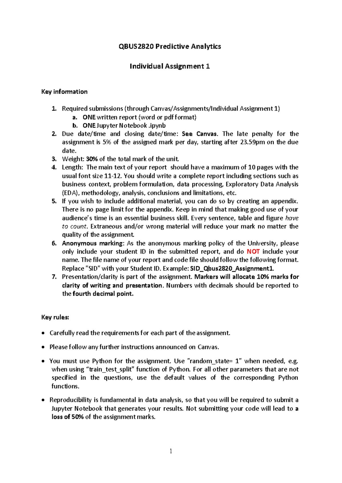 QBUS2820 Individual Assignment 1: Predictive Analytics Report - Studocu