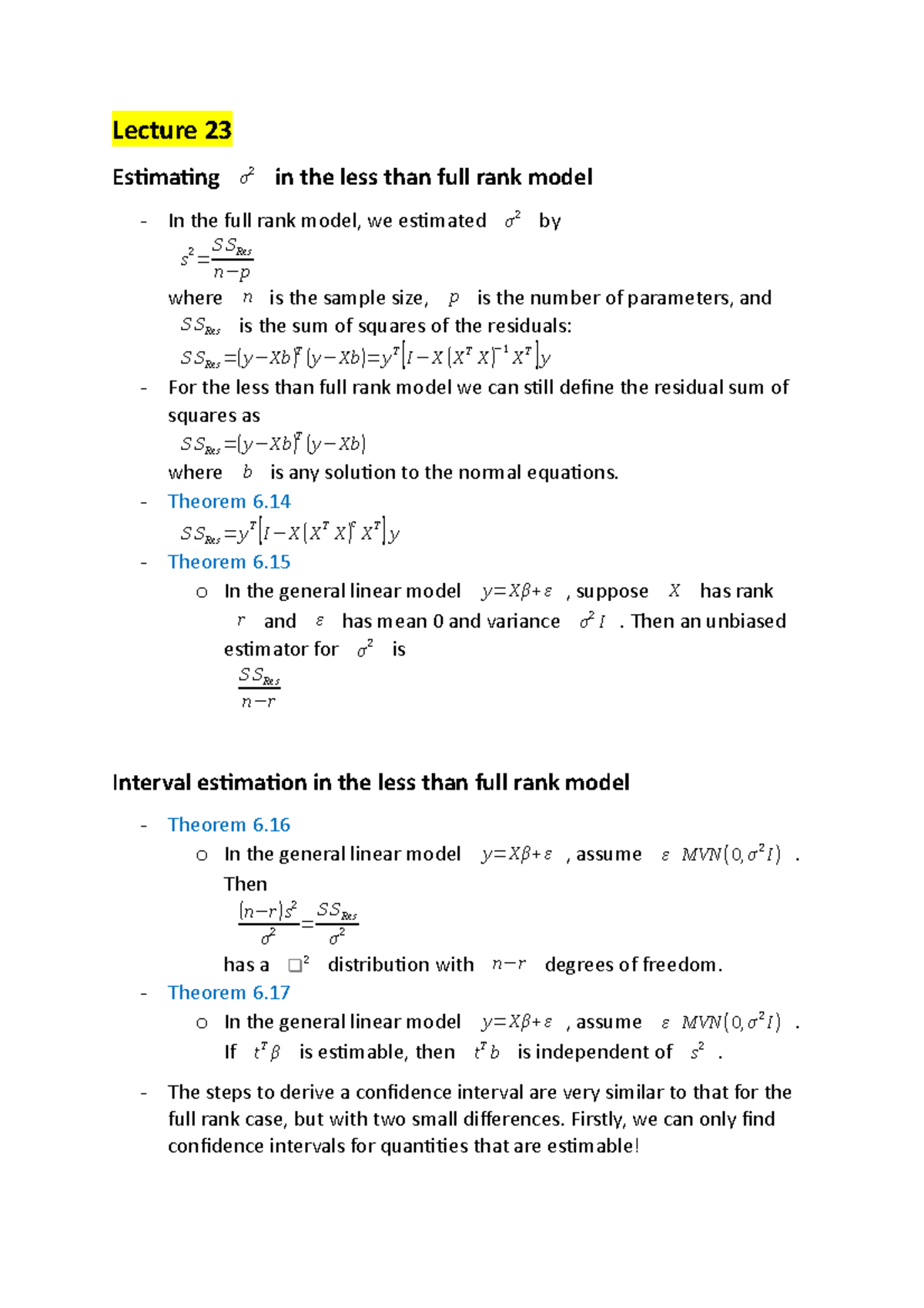 Lecture 23&24 - Lecture 23 Estimating σ 2 in the less than full rank ...