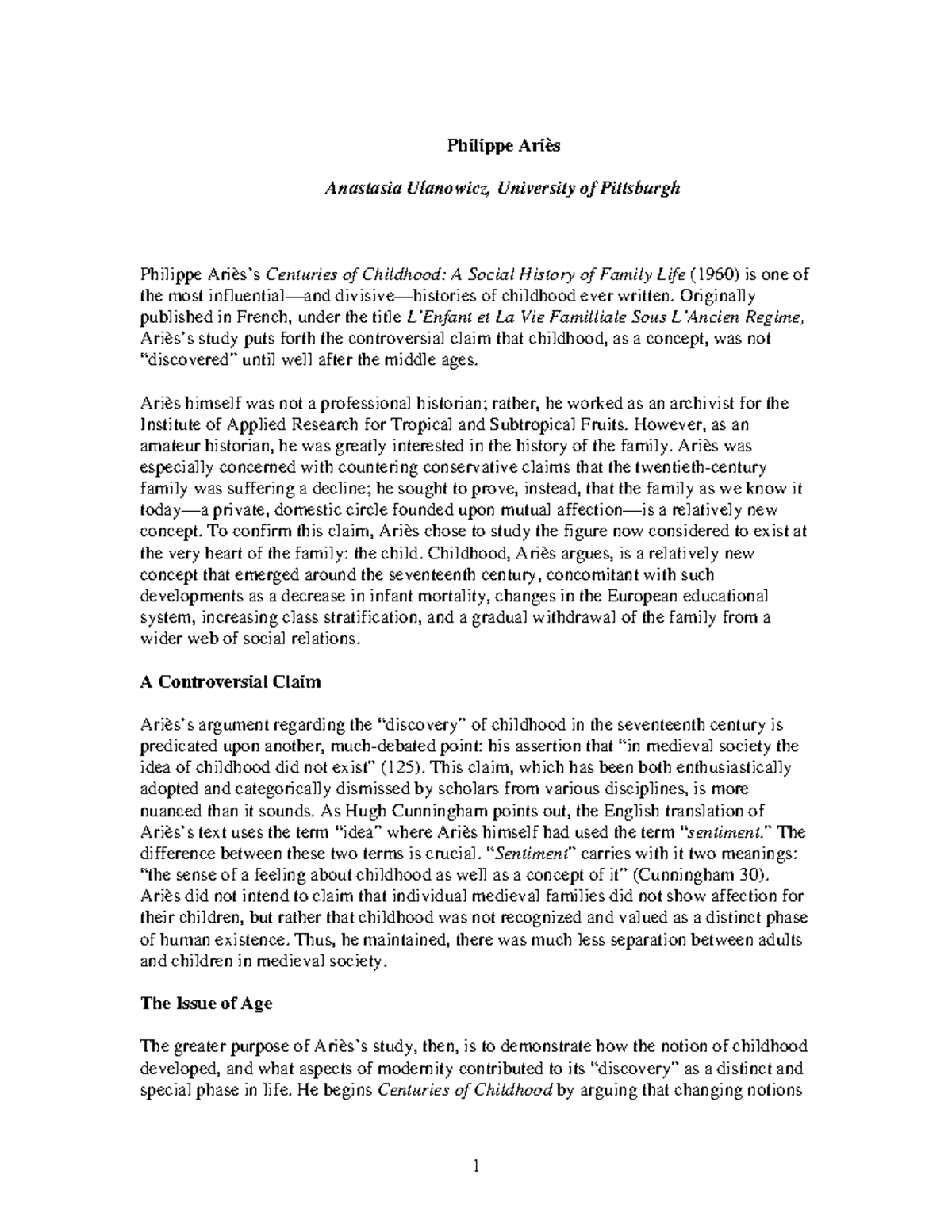 PHIL 101: Foundations of Childhood in Ariès' Social History - Studocu