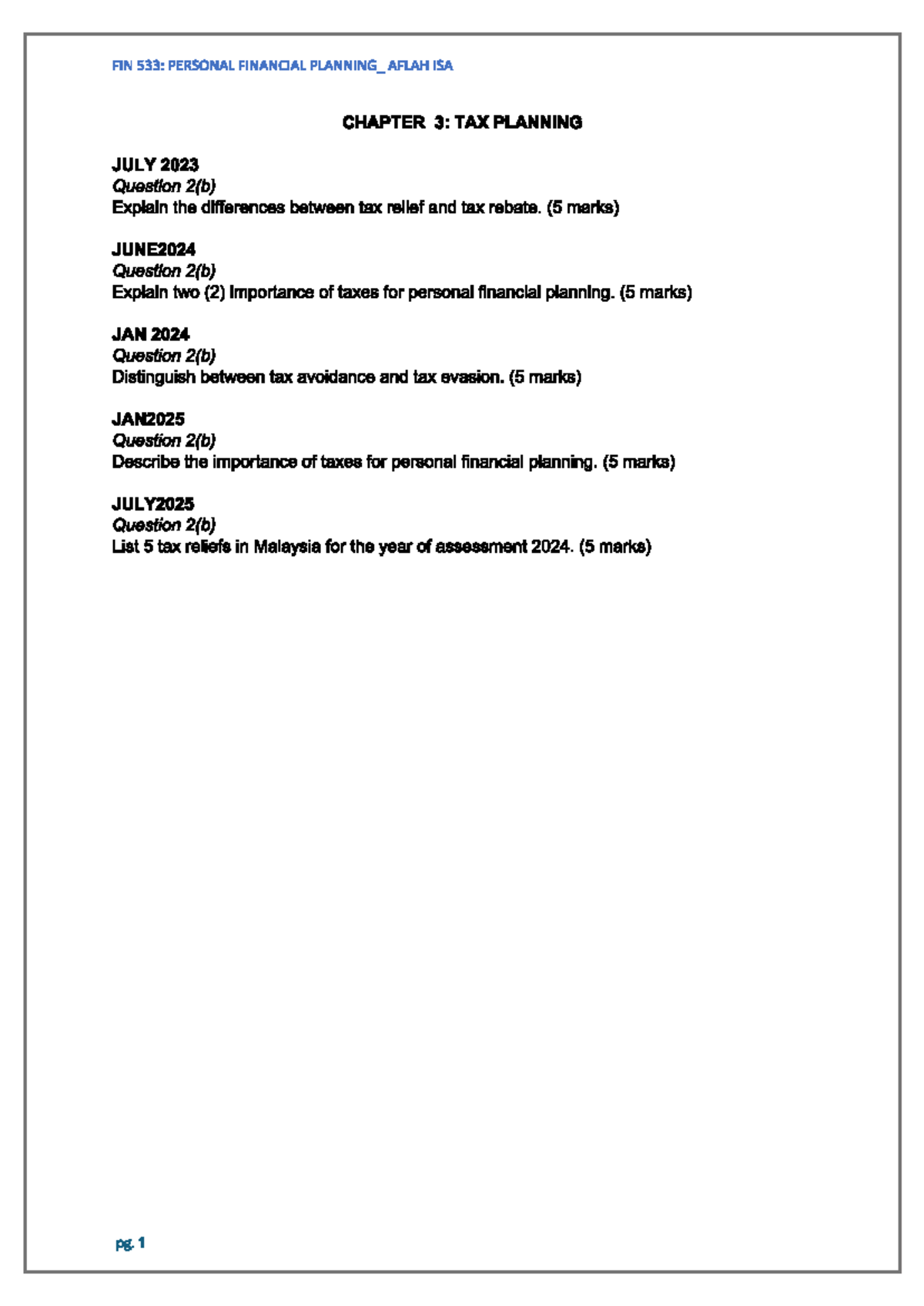FIN 533: Personal Financial Planning - Revision Questions & Key ...