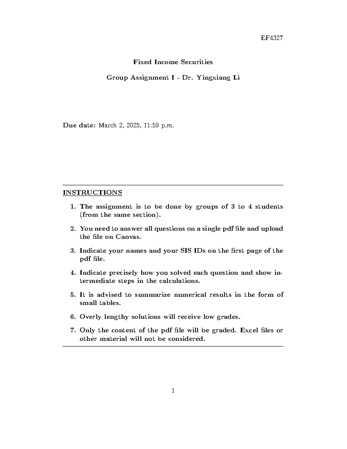 EF4327 Group Assignment 1: Fixed Income Securities Overview 2025 - Studocu