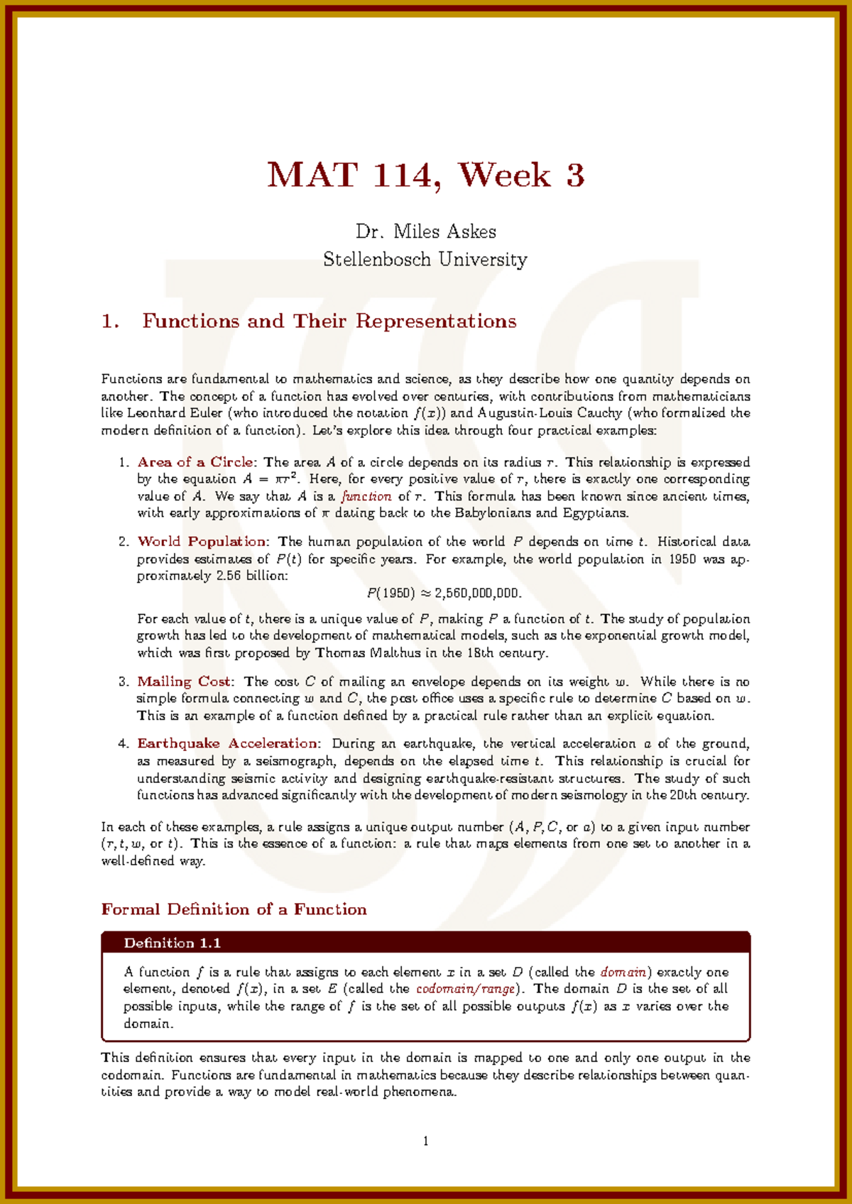 Functions and Their Representations - MAT 114 Lecture Notes Week 3 ...