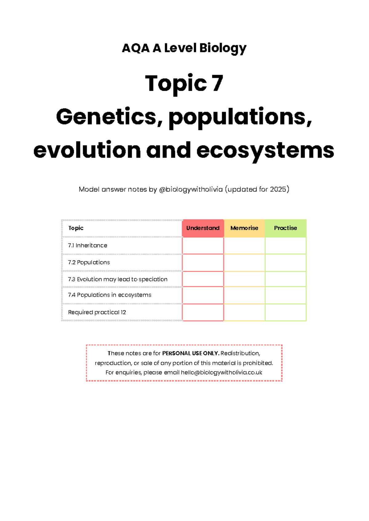 AQA A Level Biology Topic 7: Genetics, Populations, Evolution ...