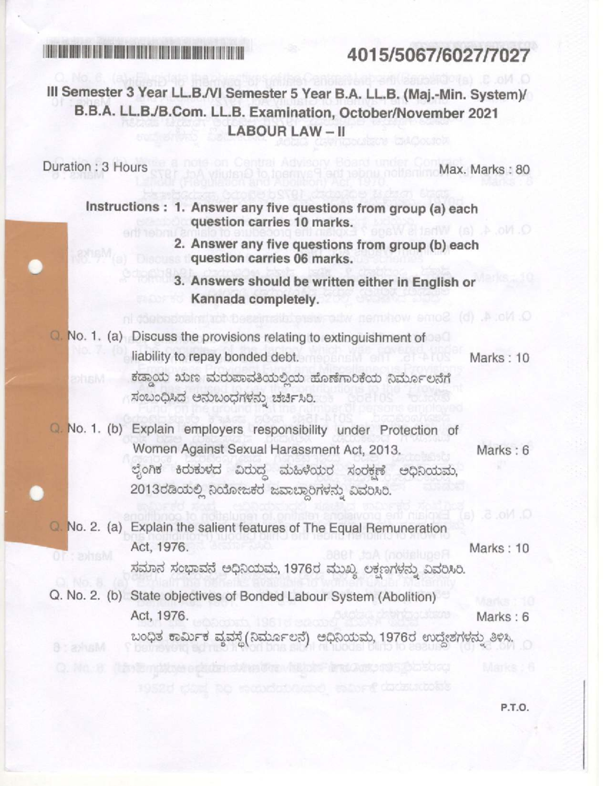 VI Sem Labour Law II Exam - November 2021 Questions & Marks - Studocu