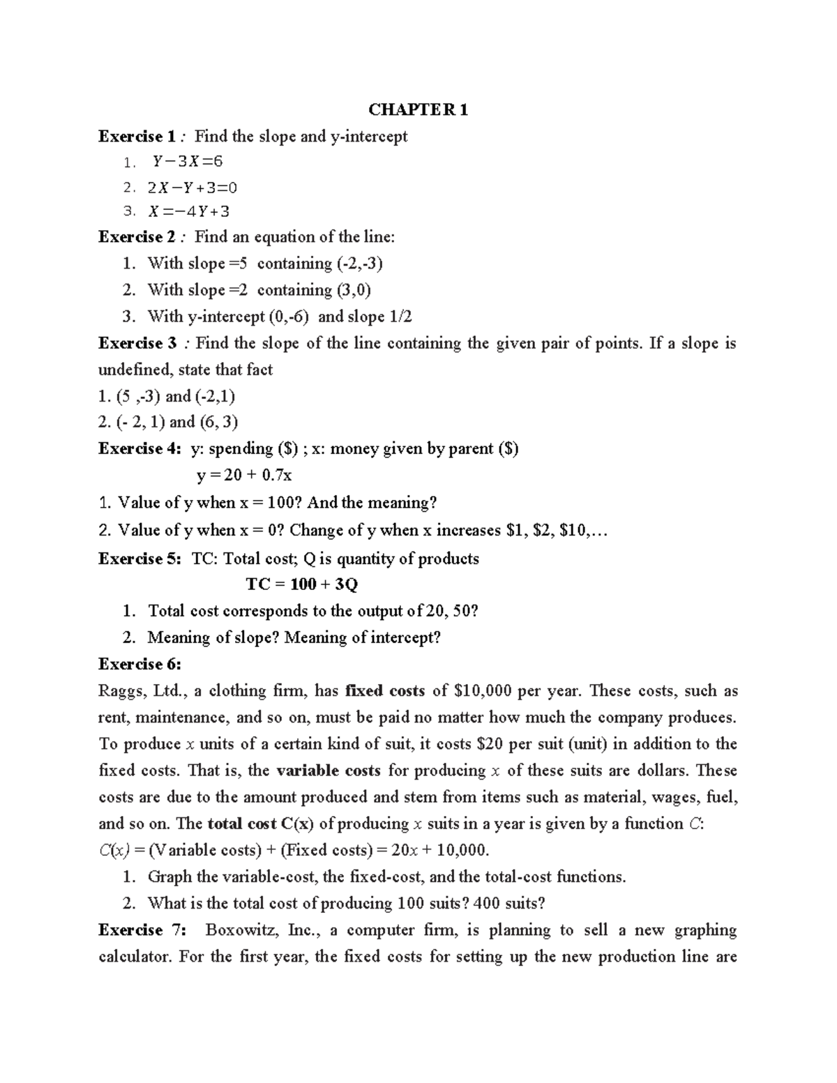 CHAPTER 1 Exercises: Slope, Equations, and Cost Analysis - Studocu