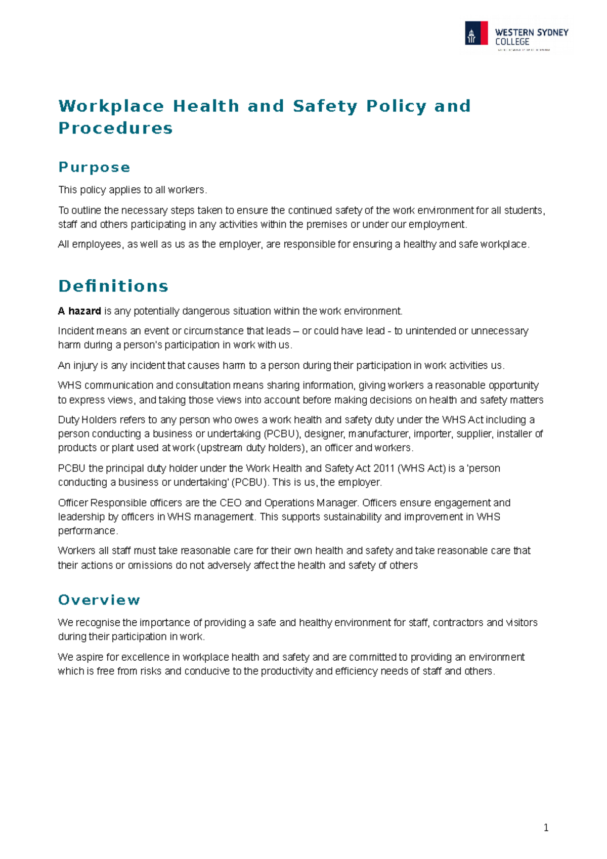 WHS Policy and Procedures - Workplace Health and Safety Policy and ...