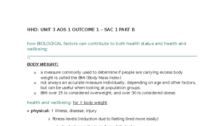 HHD UNIT 3 AOS 1 Outcome 1 SAC 1: Biological Factors & Health - Studocu