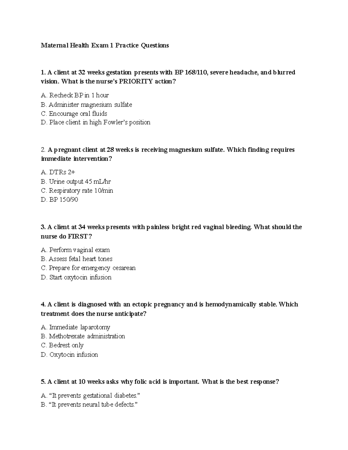 Maternity Exam 1 Practice Questions and Answers - Studocu