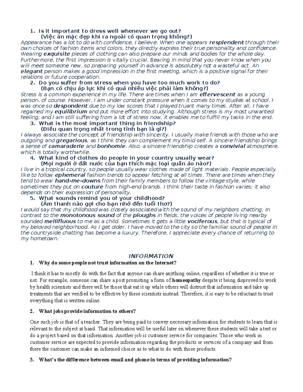 Sample Speaking Notes for IELTS Preparation (Course Code: IELTS 101 ...